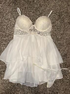 Sheer Ivory Lace Babydoll Chemise with Matching Thong